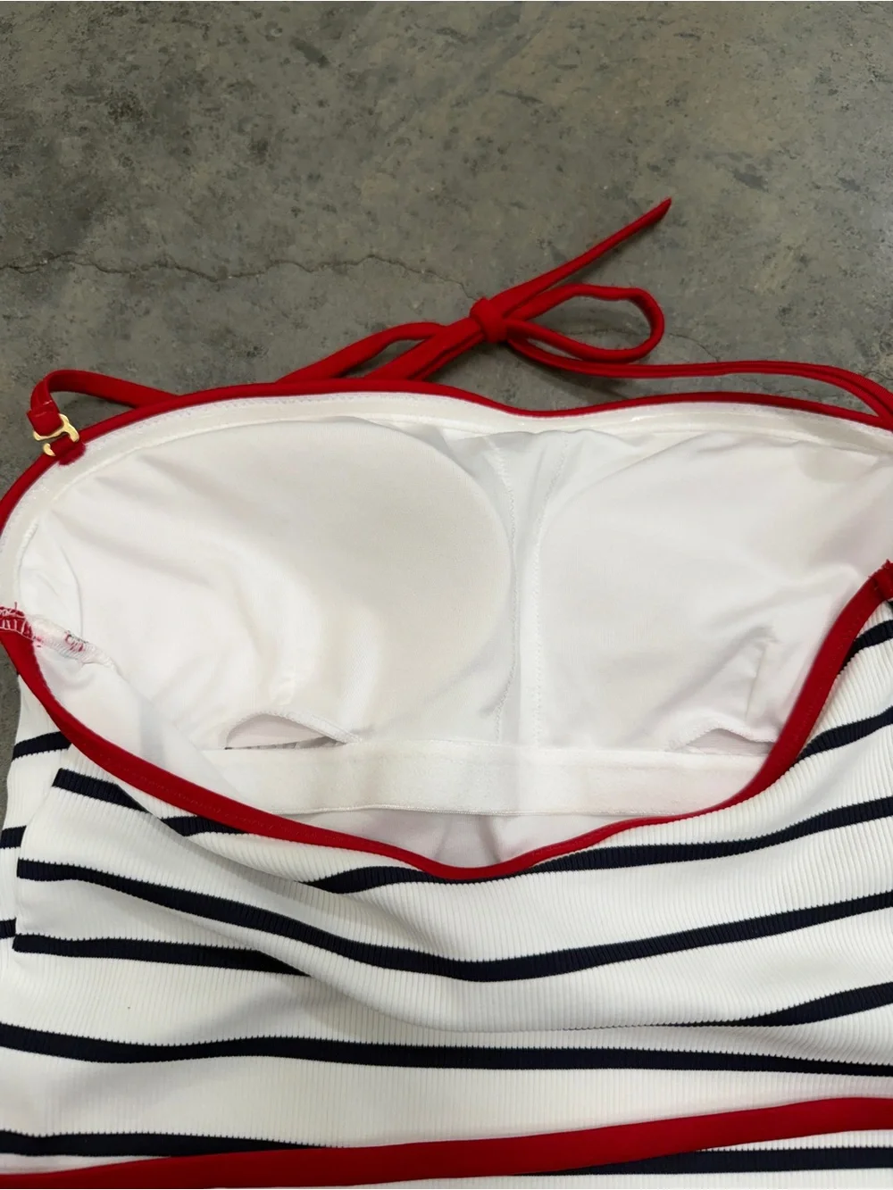 Tommy Hilfiger White and Navy Striped One-Piece Swimsuit with Red Trim/ Belt